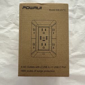 POWRUI Model: 508-2U1C surge protector Wall Mountable 6 AC Outlets Night Light